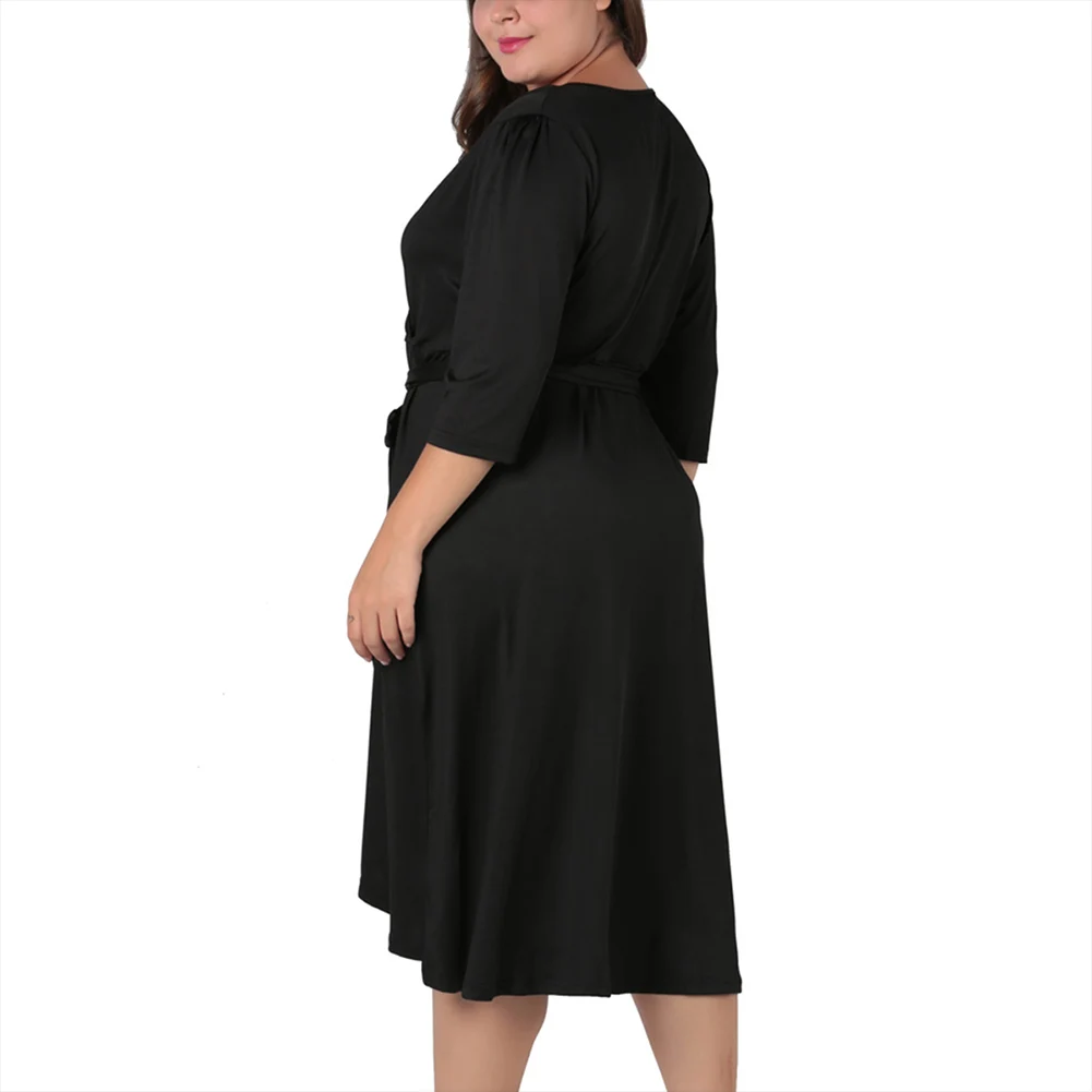 Autumn Plus Size Dress For Women Long Sleeve V Neck Black Basic Slim Dresses With Waist Belt Casual Party Dresses Vestidos