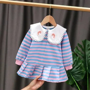 

Baby Girls Dresses Kids Autumn Winter Clothes Striped Cute Long Sleeves Splicing Ruffle Princess Party Children Outfits 6-24M