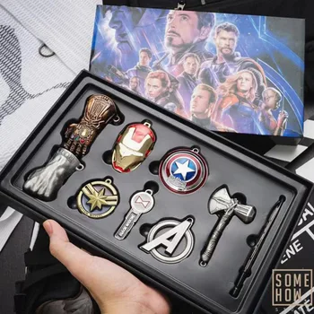 

Marvel Toys Figure The Avengers Infinity War Thanos Iron Man Captain America Hulk Vintage Necklace Keychain Gift Box A Set