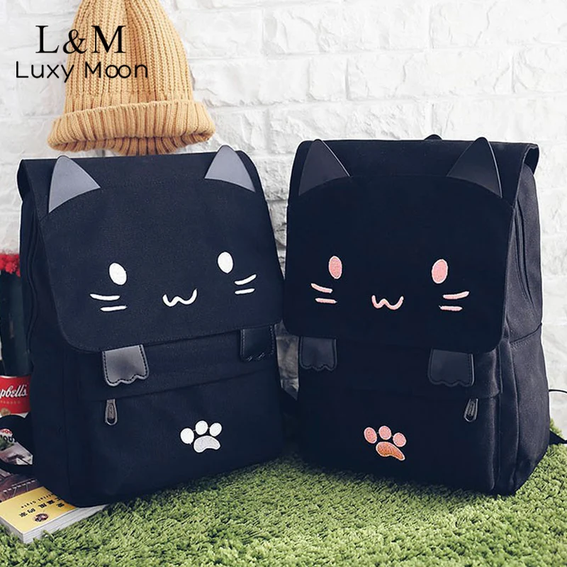 2023 Cat Canvas Backpack Cartoon Embroidery Female Backpacks For Teenage Girls School Bag Cute Printing Rucksack mochilas X69H