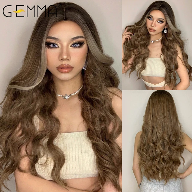 GEMMA Long Wavy Ombre Brown Purple Synthetic Wigs for Women Heat Resistant Natural Middle Part Cosplay Party Lolita Hair Wigs LC5117-1