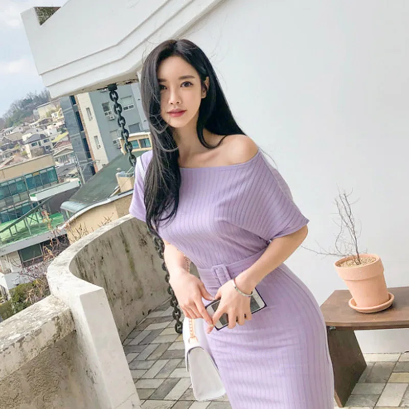 

2019 Spring And Summer Korean-style Elegant Horizontal Neck Casual Knit Bodice Long Skirts Sheath Dress Women's Mid-length