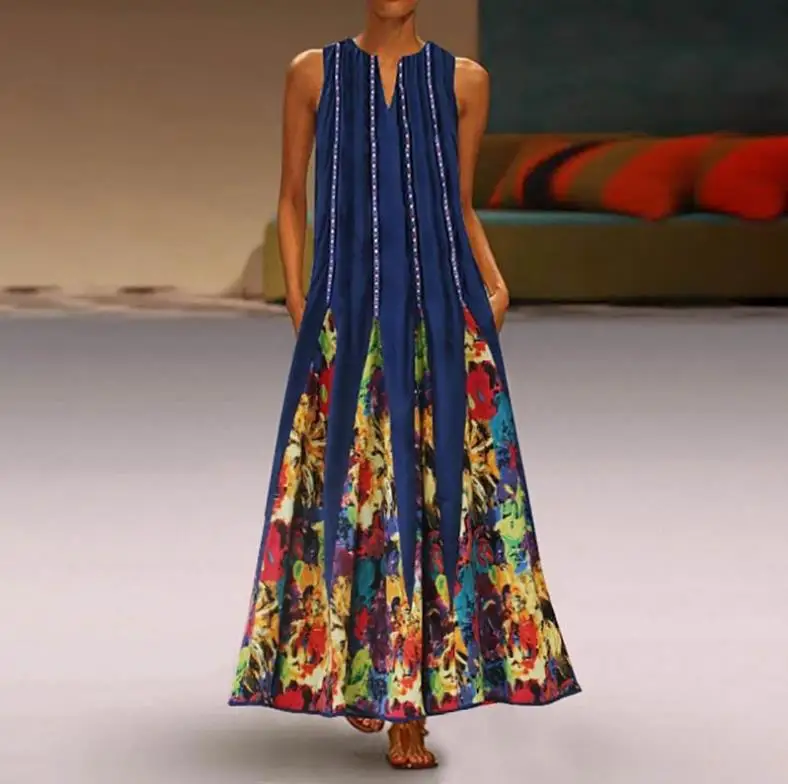 Сарафан женское летнее платье с принтом сексуальное платье миди размера плюс повседневное льняное свободное без рукавов с принтом Длинное Платье Макси - Цвет: style3