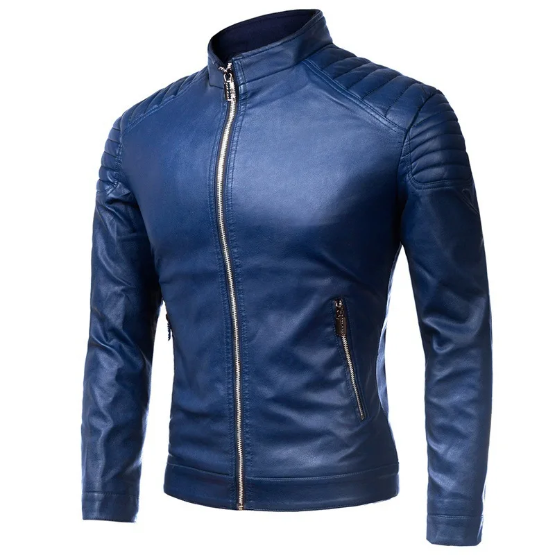 

Spring And Autumn Thin Men Stand Collar Solid Color PU Leather Coat Large Size Washing Locomotive Leather Jacket