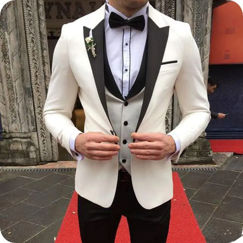 87Ivory Suits For Wedding Groom Tuxedo Black Peak Design Man Outfit Tialored Bridegroom Attire Best Man Blazer Terno Masculino Three Pieces