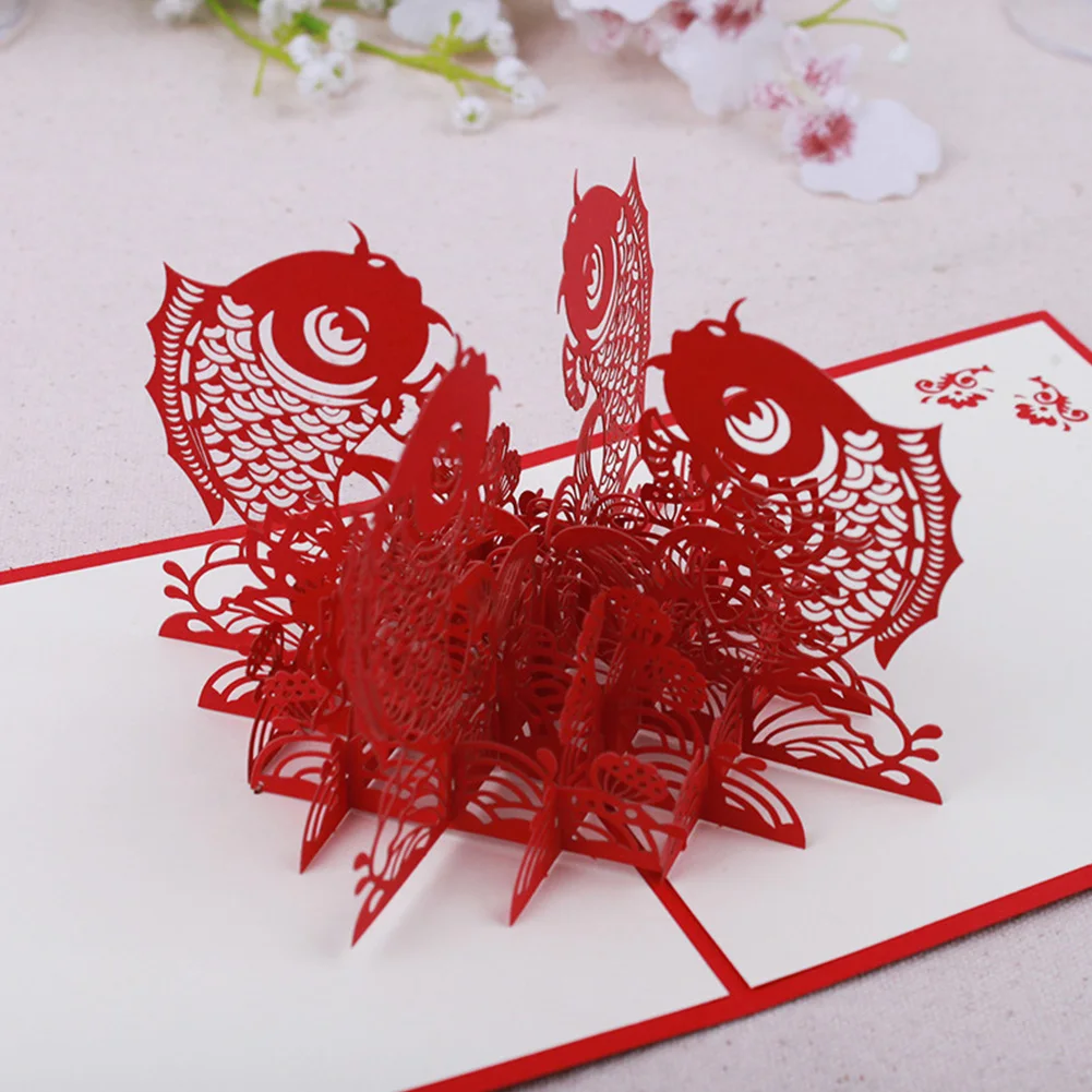 15x15cm Up Folding Gift 3D Pig Greeting Card Red Paper Carving New Year Hollowed Out Gratitude Chinese Characters Fish