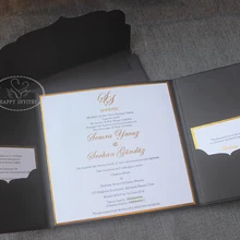 HI1175 пользовательские ворота-Сложите твердый переплет свадебные карты в черном и белом цвете с Золотая фольга с принтом свадебные пригласительные карты