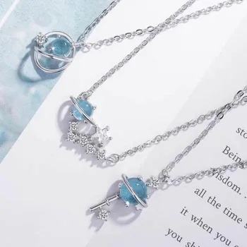 

Blue Fantasy Universe Planet Pendant Silver Color Necklace For Women Star Glass Necklace Small Fresh Clavicle Chain Fine Jewelry