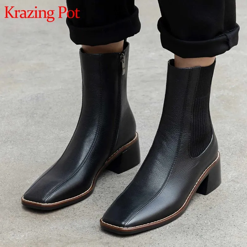 

Krazing Pot new square toe Chelsea boots genuine leather patchwork high heels women winter keep warm basic mid-calf boots L15