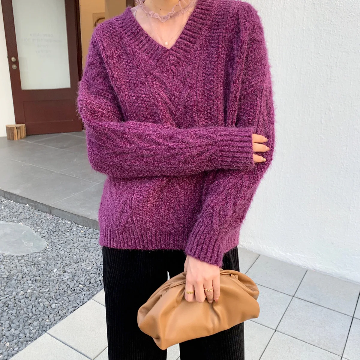 Hemp pattern solid color straight long-sleeved V-neck sweater pullover 2019 autumn and winter is very fairy |