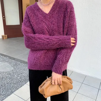 

Hemp pattern solid color straight long-sleeved V-neck sweater pullover 2019 autumn and winter is very fairy
