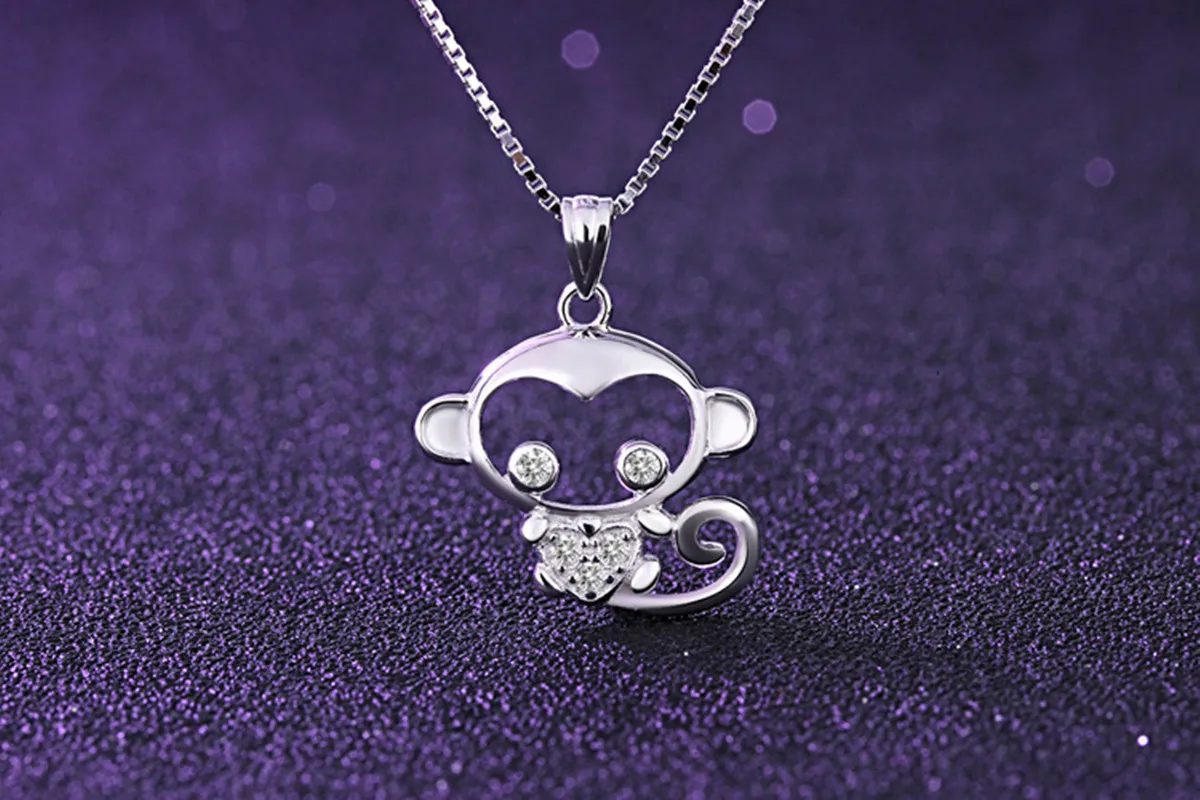 925 Sterling Silver Zodiac Monkey Year Pendant Playful Monkey Necklace Playful Zircon Crystal Love Necklace