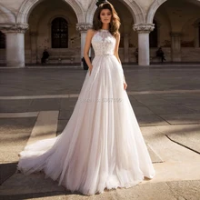 Розовые Свадебные платья из тюля с лямкой на шее, кружевная Иллюзия Аппликации, свадебные платья со шлейфом, без рукавов, Vestidos De Noiva