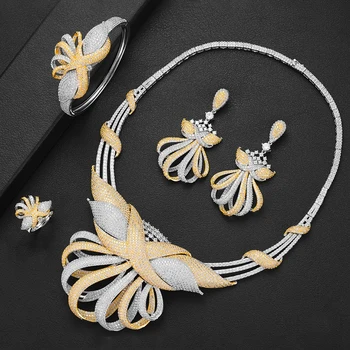 

SisCathy Luxury Exaggerated Full CZ Flower Drop Statement Earrings Necklace Bracelet Ring Dubai Jewelry Sets For Women Wife Gift