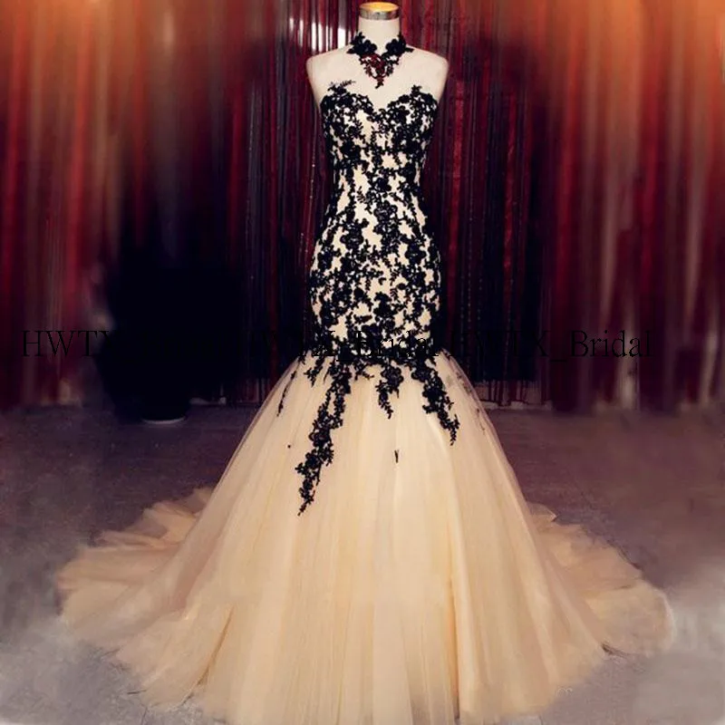HWTX_Bridal Черная Кружевная аппликация вечернее платье Иллюзия Высокая шея открытая спина Шампанское Тюль Длинные платья для выпускного вечера Русалка на заказ