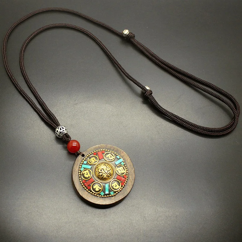 Natural Round Wood Pendant Necklace Sweater Chain Long For Men And Women Six Words Buddha Figure Casual Accessories Jewelry |