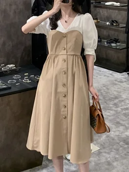 

Vintage Fake Two Pieces Dress Woman Puff Sleeve Summer V Neck Korean Chic Young Fashion Spring Midi Dresses Casual Office Lady