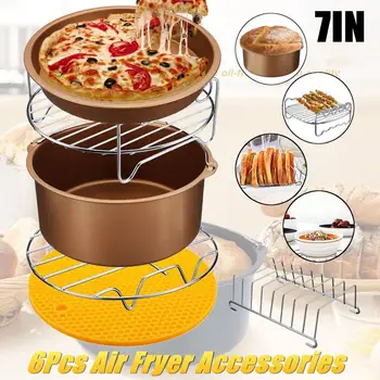 

6pcs/set 7 Inch Air Frying Pan Accessories Fryer Baking Basket Pizza Plate Grill Pot Mat Multi-functional Kitchen Accessory