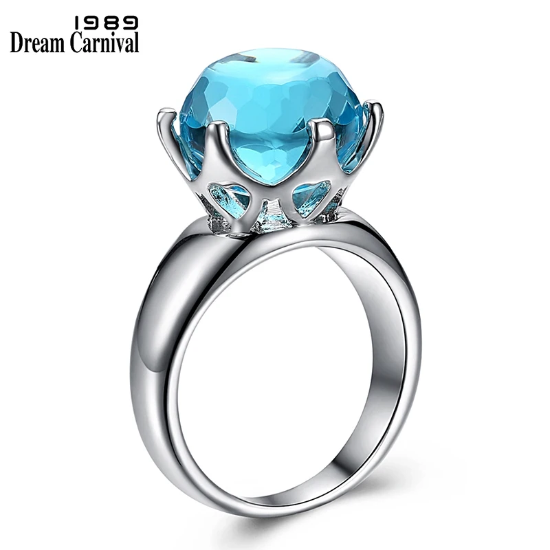 DreamCarnival 1989 Brand New Special Cut Solitaire Wedding Ring for Women Light Blue Color Zirconia 6 Prawns Crown Look WA11498