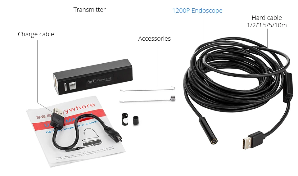 KERUI 1200P WiFi Endoscope Camera Waterproof Inspection Snake Mini Camera USB Borescope for Car for Iphone & Android Smartphone