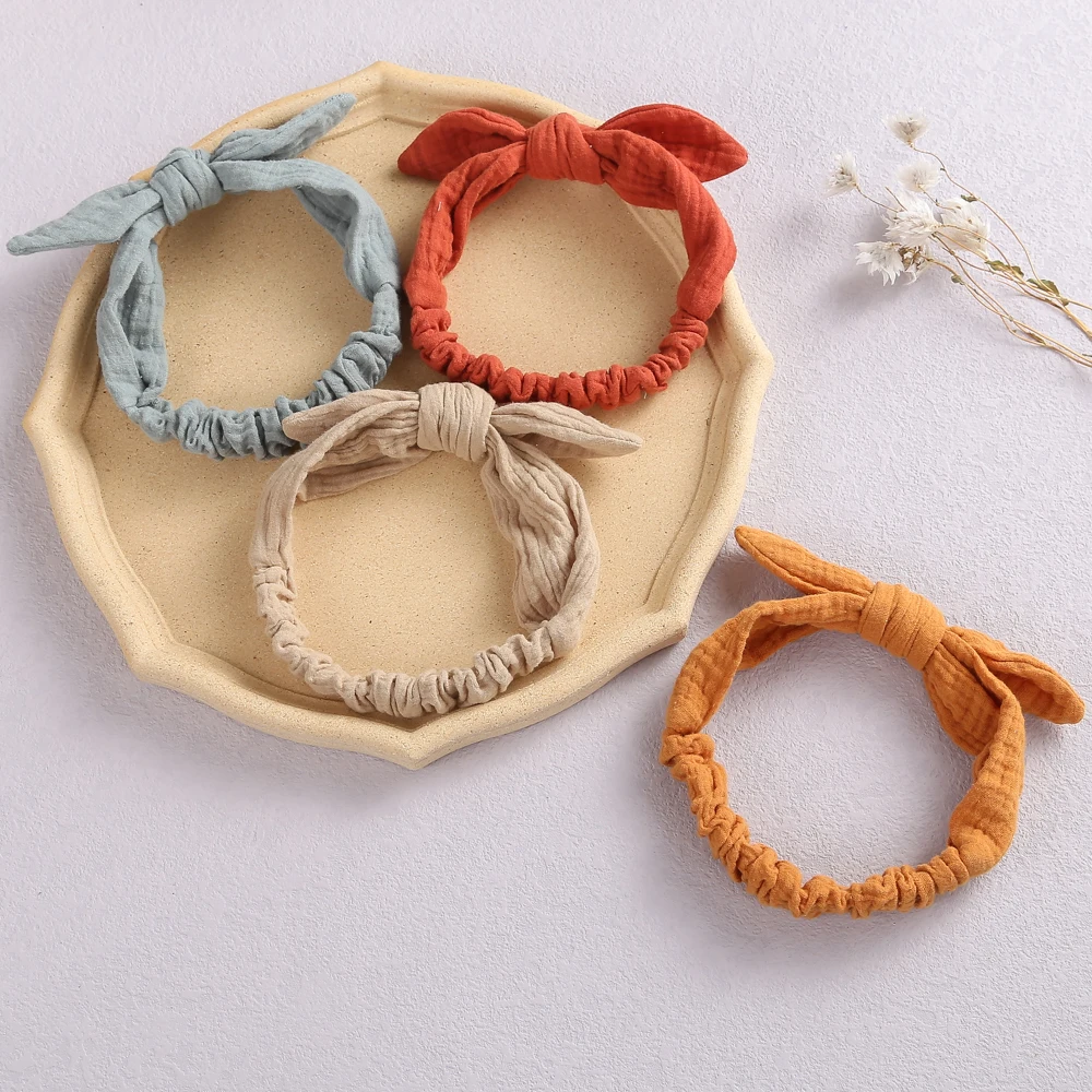 Baby Elastic Hair Bands Girls Cotton Gauze Headband Kids Muslin Knot Accessories Toddler Rabbit Ear Turban Head Wraps Children's Finger Toothbrush