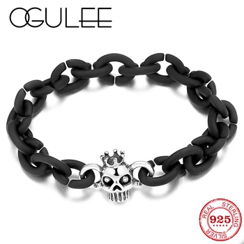 

New Fashion Bracelets for Women 2020 Crown Skull Beads Charms Bracelets & Bangles Jewelry 21cm Black Rubber Men's Bracelets