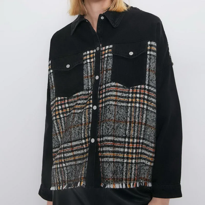 

Autumn Women Wide Jacket 2019 New Fashion Plaid Black Patchwork Outwear Modern Lady Personality Loose Top