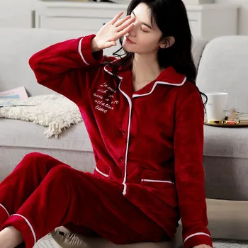 

2PCS Sleepwear Women Flannel Pajamas Suit Winter New Soft Nightwear Lapel Shirt&Pants Coral Fleece Casual Sleep Set Home Clothes