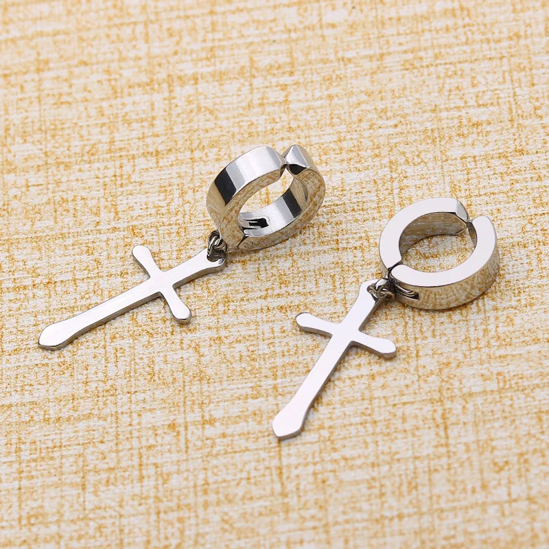Ear Clip Earrings Clip Earrings Ear Clip Fashion Earrings 1 Pcs Stainless Steel Clip On Non Piercing Earrings For Women Men Black Gold Color Cross Gothic Punk Rock Drop Pendiente