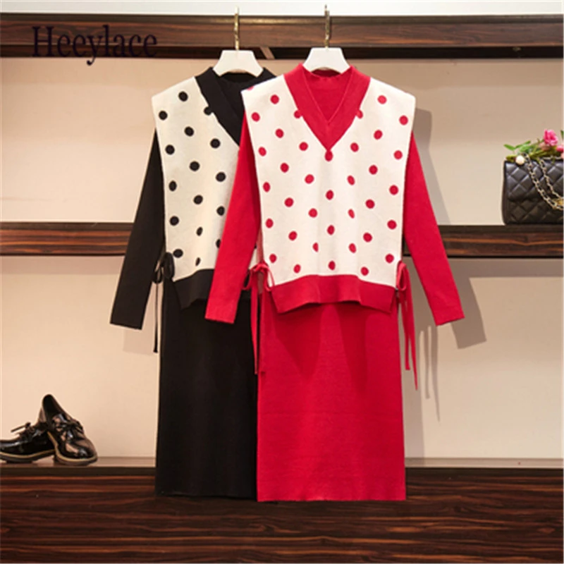 

Plus Size Knit Polka Dot Lace-up Tank Tops+Knit Long Sleeve Jumper High Waist Dress Women Sweet Autumn Winter 2PCS Suits 4XL