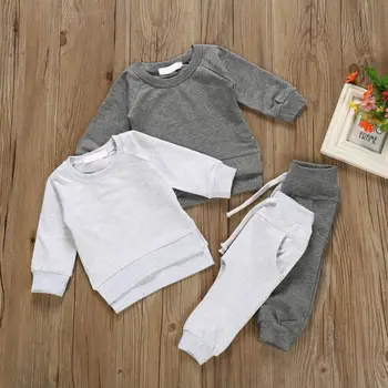 

Hot Selling Autumn Solid Print Long Sleeve Sweatshirt Tops And Pants Trouser Costume Set Drop Baby Boys Girls Clothes Set