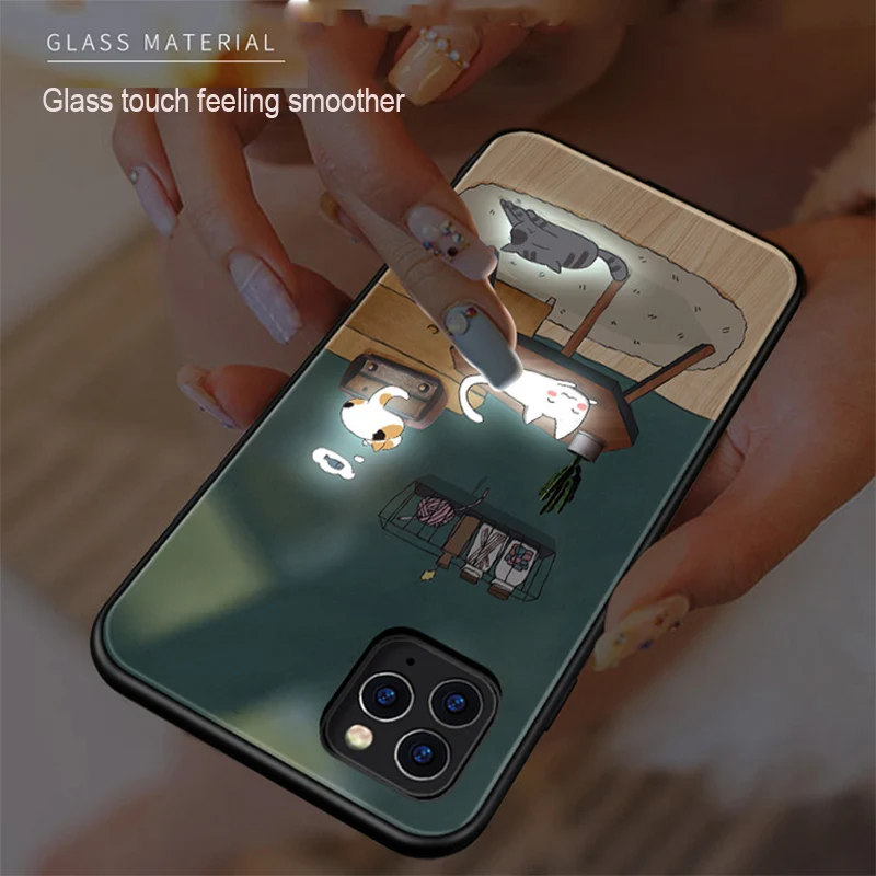 Cute Cats Call Flashing Tempered Glass Protector Phone Cover for Apple iPhone 11 Pro Max 12 Mini 6S 7 8 Plus X XS XR XS MAX