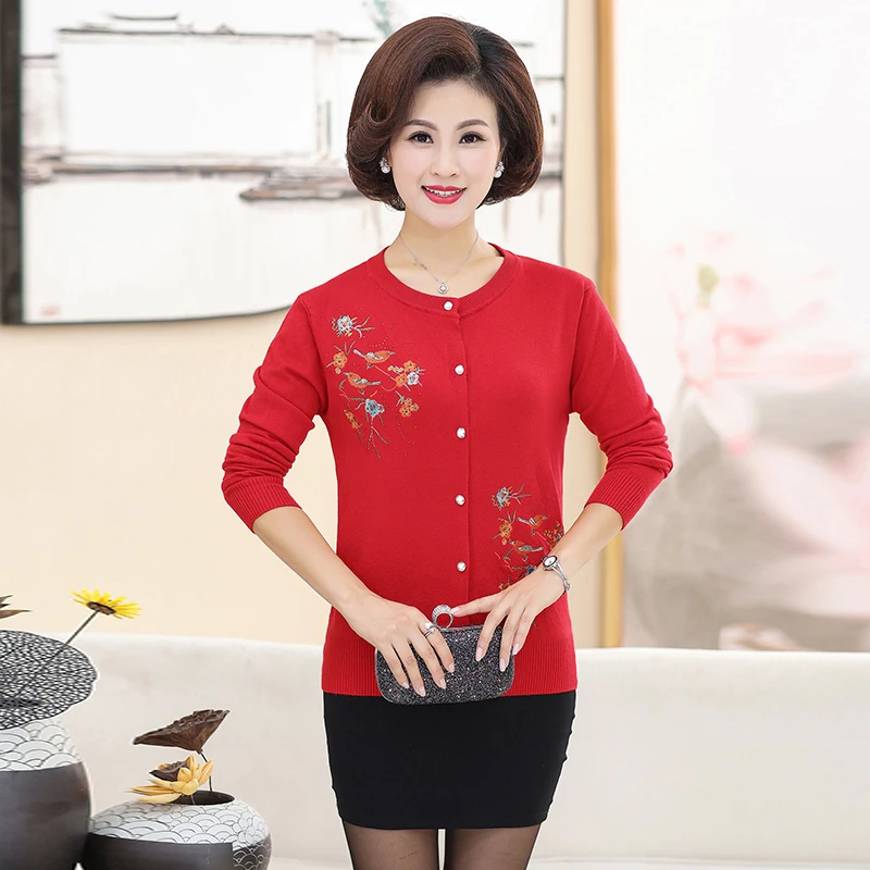 

Spring Woman Cardigan Sweater Red Purple Navy Blue Camel Gray Flower Embroidery Sweaters Women O-neck Button Knitwear Spring New