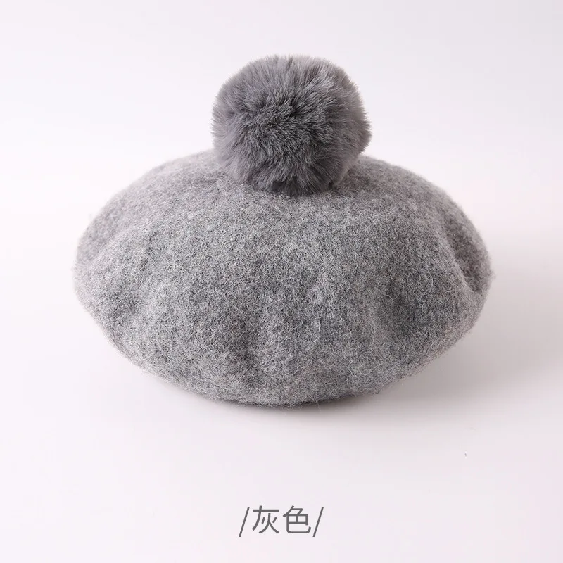 10pcs/lot 01909-pan381 Exclusive customization solid wool pompon kids berets hat boy girl children Outdoor leisure cap