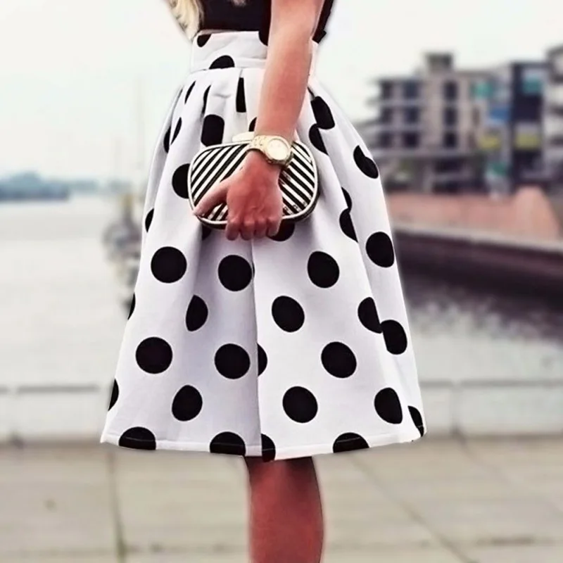 Women Retro Spring Summer Wave Point Print High-Waist Half-Length A-Line Short Pleated Skirt Droppingship