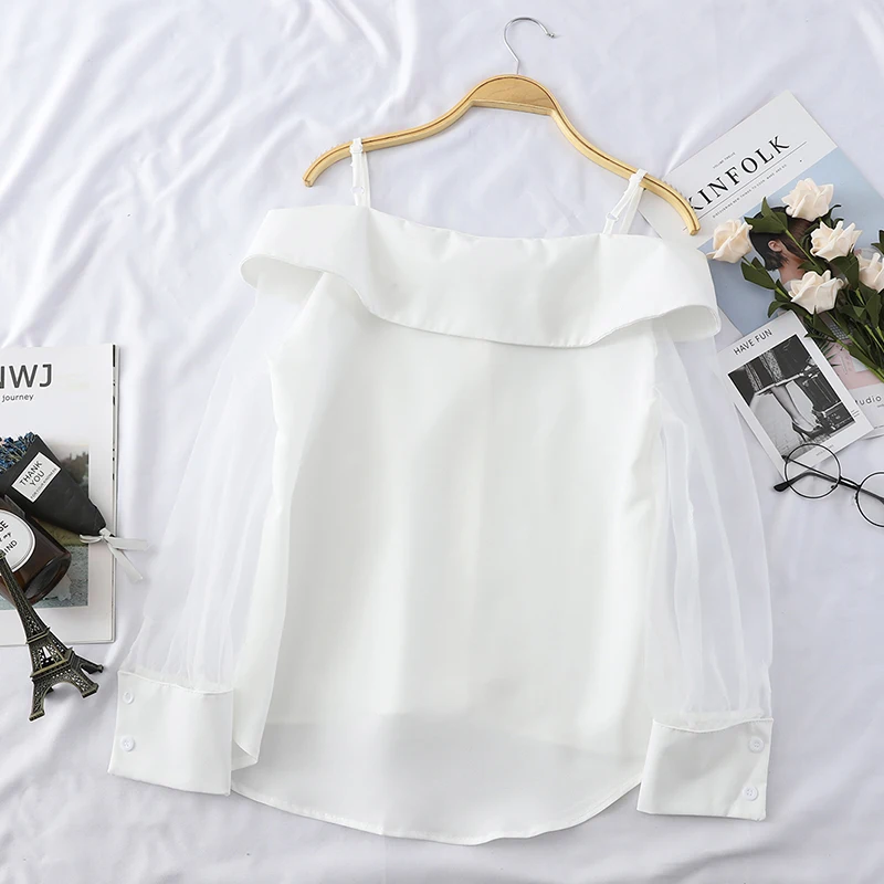  HELIAR Chiffon Shirt Transparent Mesh Sleeve Slash Shoulder Spaghetti Tops 2019 Fall Buttoned Up Bl
