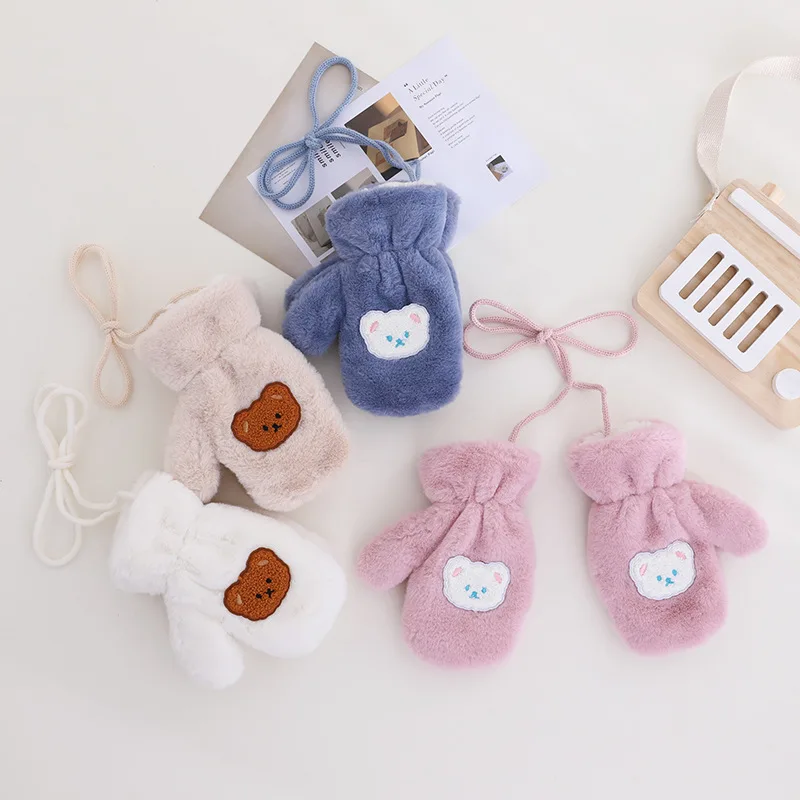 Winter Warm Baby Gloves Thick Soft Plush Cartoon Bear Kids Mittens For Baby Girl Boy Solid Color Full Finger Children Gloves