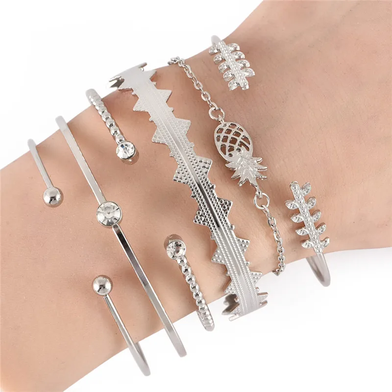 

6 Pcs/set Bohemian Vintage Silver Carved Pineapple Leaves Crystal Geometry Open Bracelet Set Fashion Party Jewelry Accessories