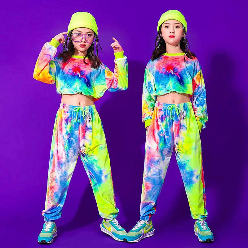 Kid Cool Hip Hop Clothing Velvet Sweatshirt Crop Top Long Sleeve Shirt Streetwear Pants for Girls Jazz Dance Costume Clothes