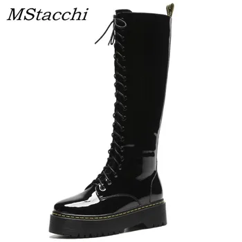 

MStacchi Fashion Women Lace Up Platform Boots For Woman Black Patent Leather Boots Mujer 2019 Winter Warm Plush Mid-Calf Botas