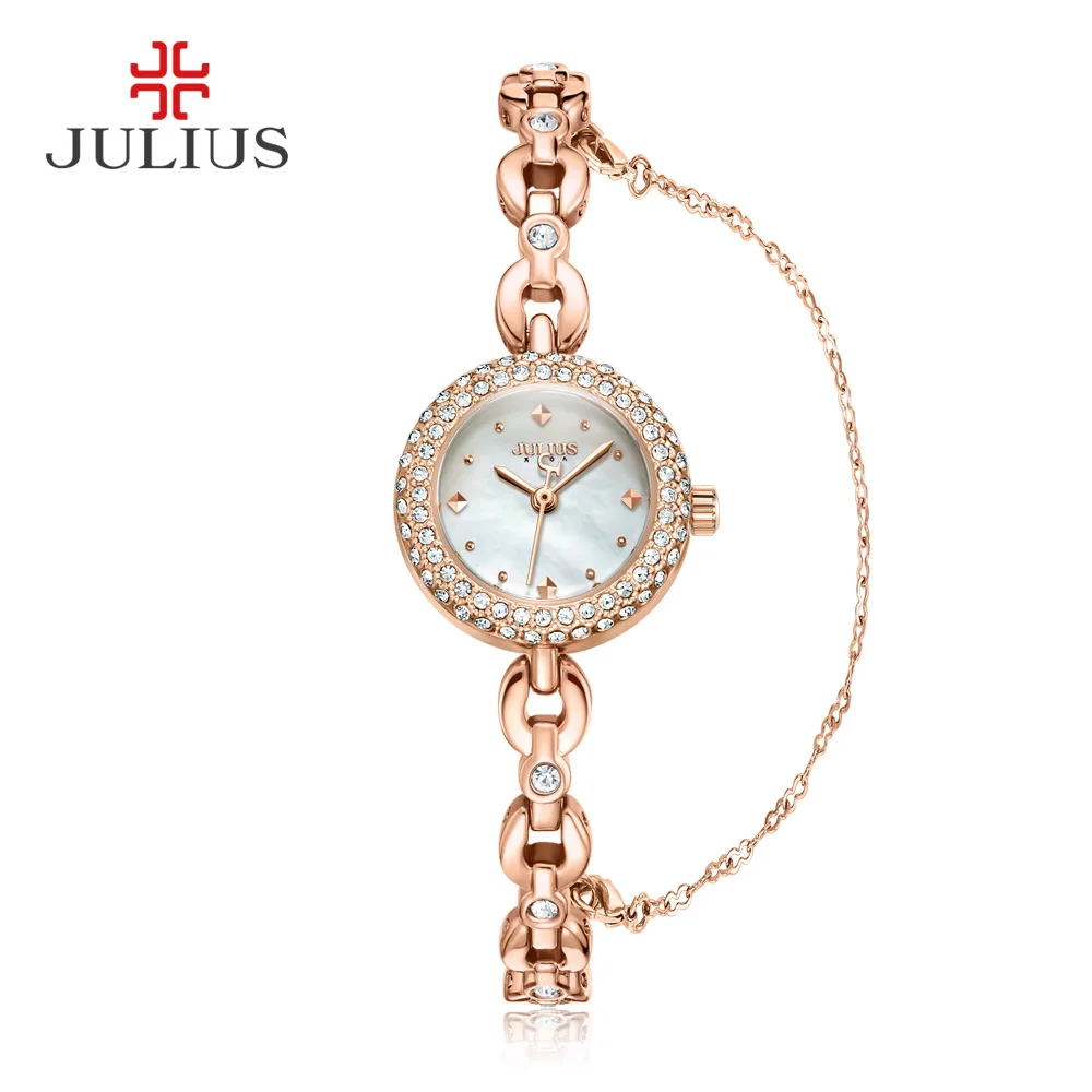 Julius Schöne Uhren für Mädchen Циркон Bracelate с ремешком, кварцевые Armbanduhr розовое золото shell Perle Damen Kleid Relogio Frauen JA-1001