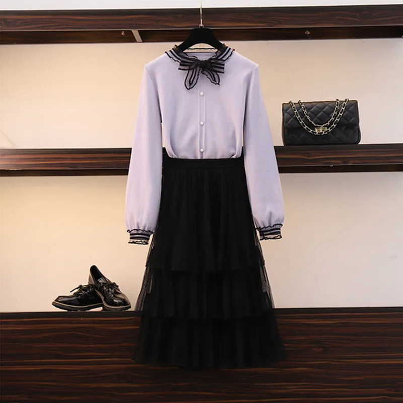 

Autumn Women Retro Bowknot Tie O-neck Purple Sweater + Cascading ruffle Mesh Skirt Two Piece Office Ladies Skirts Set