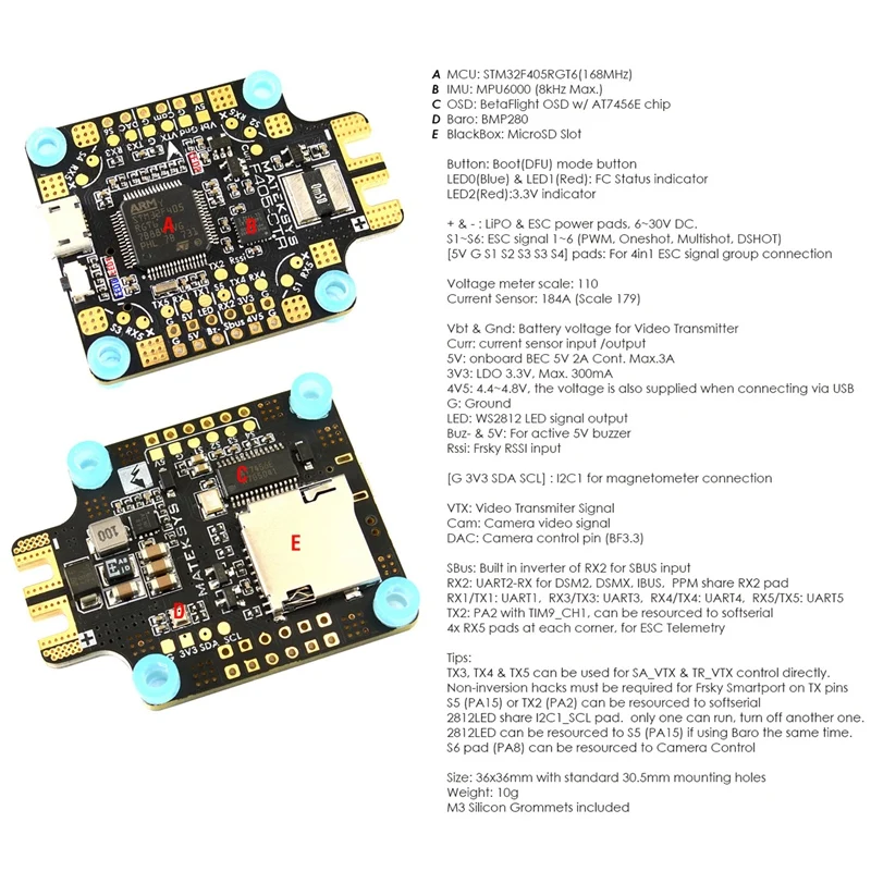 BetaFlight F405-CTR Контроллер полета встроенный PDB OSD 5 V/2A BEC ток Сенсор для дрона с дистанционным управлением