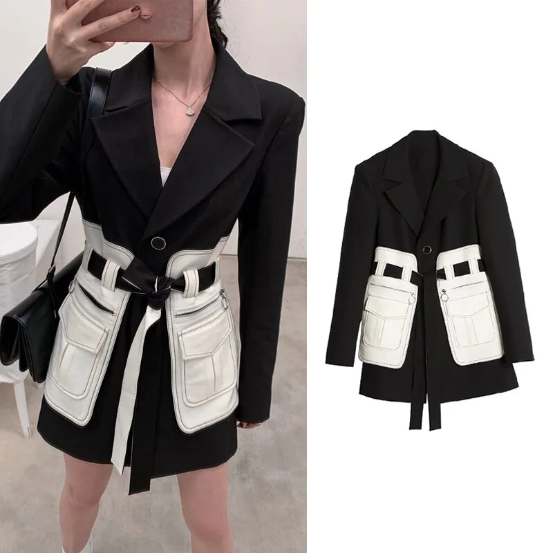 Deals Autumn Winter 2020 New Black White Color Matching Tooling Pocket Medium Length Suit Coat for Women