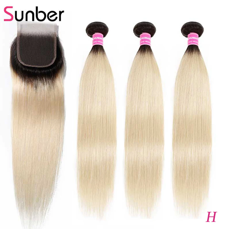 Sunber прямые волосы 3/4 пряди с закрытием Омбре блонд 10 '' 20'' Remy человеческие