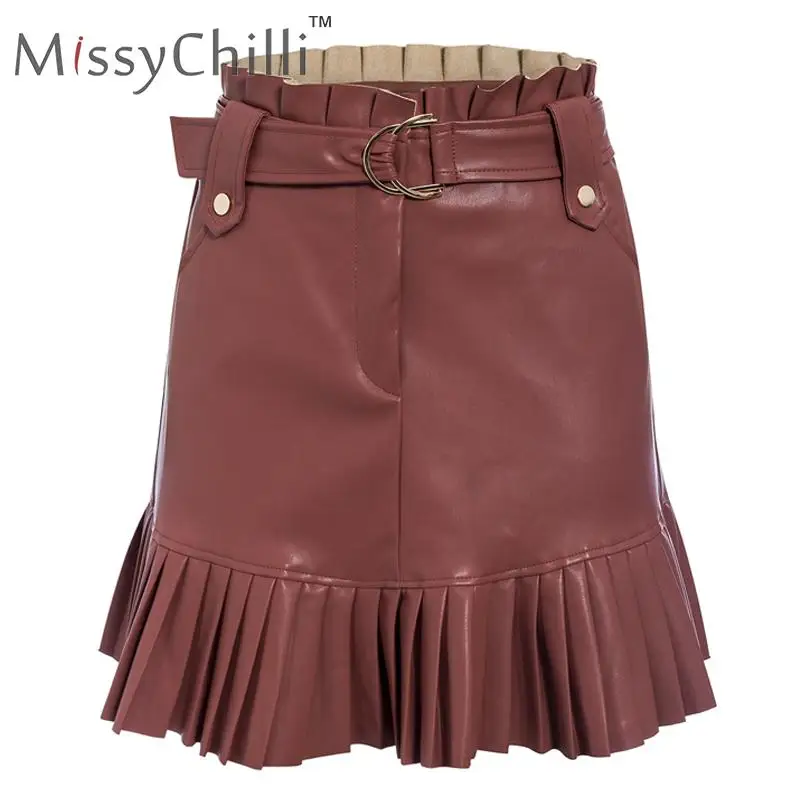 MissyChilli юбка из искусственной кожи с рюшами и высокой талией, Женская юбка трапециевидной формы с поясом, осенняя шикарная мини-юбка, элегантные сексуальные вечерние юбки для клуба