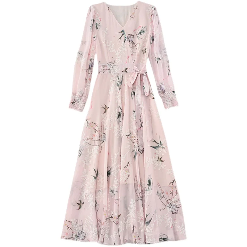 2024 Chiffon Floral Embroidered Midi Dress Spring Autumn Women