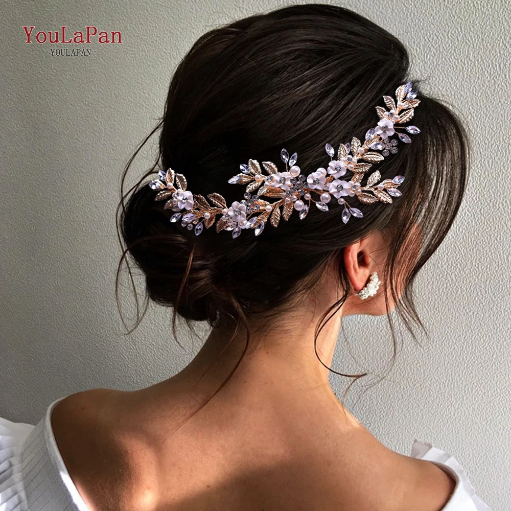 YouLaPan Gold Floral Wedding Hair Comb Bridal Crystal Pearls Headpiece Hair Accessories Bride Jewelry Women Clips HP368