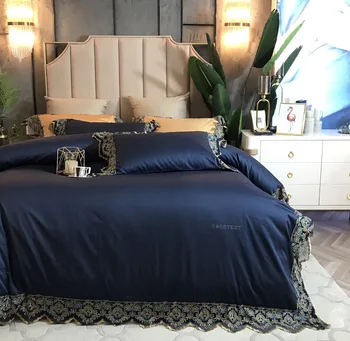 

Luxury100S Egyptian cotton Tencel Silky Bedding sets Blue Queen King Luxury Lace Edge Royal Duvet cover Bed sheet set Europe 4pc