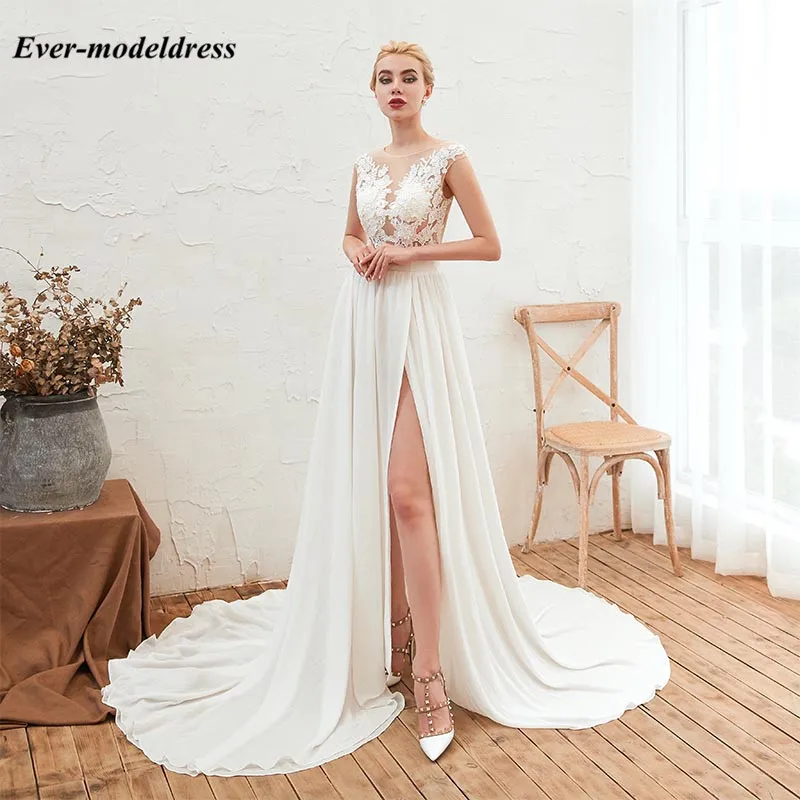 Vestido de noiva 2019 шифоновые богемные пляжные свадебные платья Прозрачная аппликация Совок пуговицы сзади трапециевидной формы развертки
